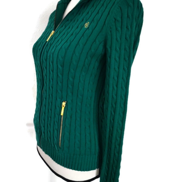 Lauren Ralph Lauren Gorgeous!  Emerald Green Cable Knit Zip-Up Sweater Small - Picture 3 of 4